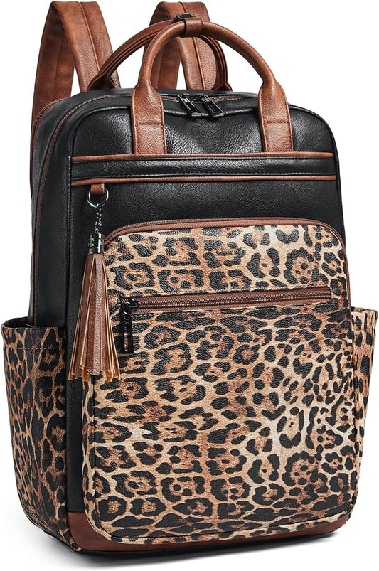 Shrrie Laptop Backpack for Women 15.6 inch Travel Leather Backpack Purse Work Computer Backpacks for Business College Black With Leopard