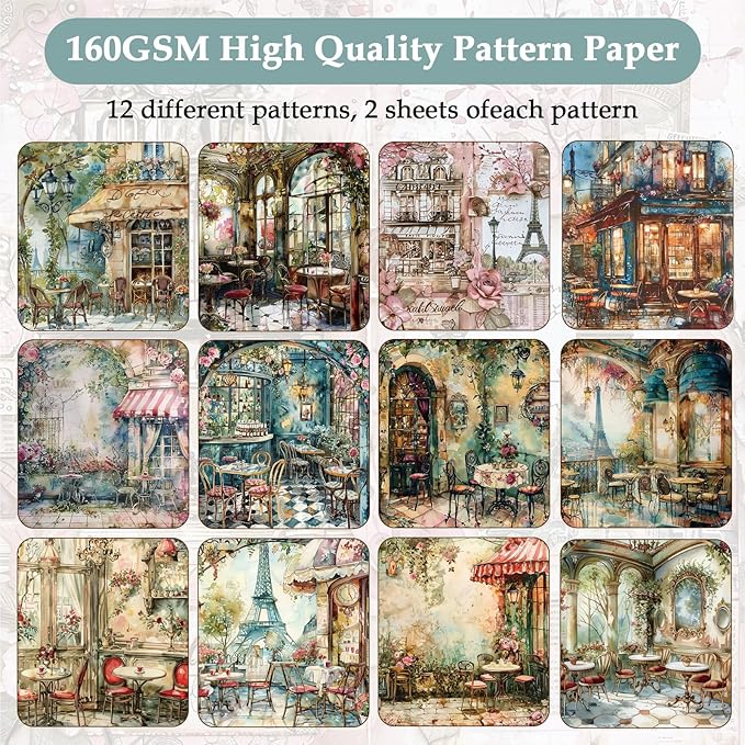 Scrapbook Paper,24 Sheets 6"x 6" Vintage Scrapbook Supplies,Single-Sided Pattern Decorative Cardstock Paper for Junk Journal,Card Making,DIY Album, Art Journaling,Decoupage Craft,Paris Cafeteria