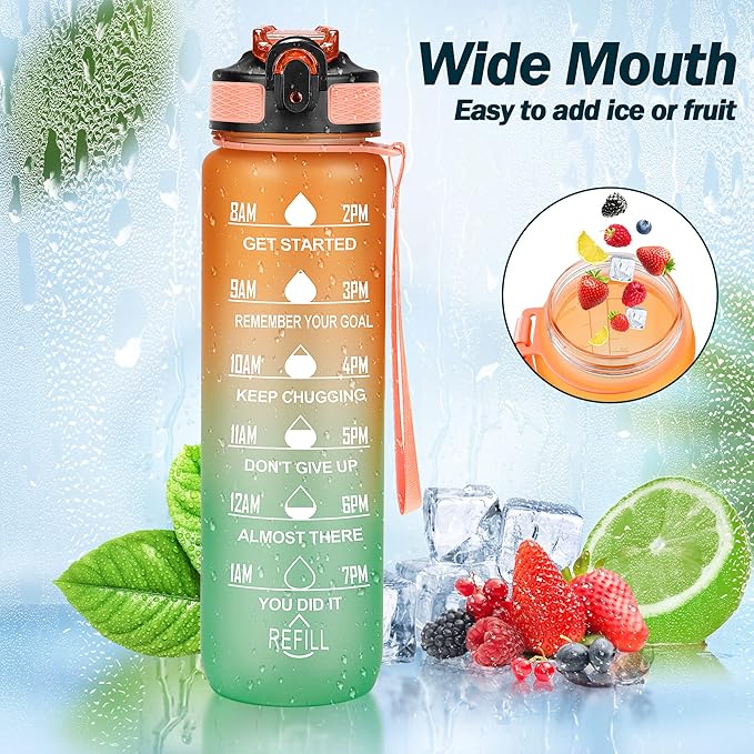 YC Kitchen Motivational Water Bottle with Time Marker - 32oz, Leak-proof BPA Free Sports Water Bottles with Straw & Carrying Strap