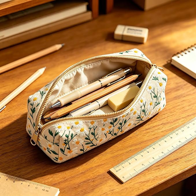 Pencil Case, Pencil Pouch for Women, Pencil Case Small, Pencil Pouch Aesthetic (Beige embroidery)