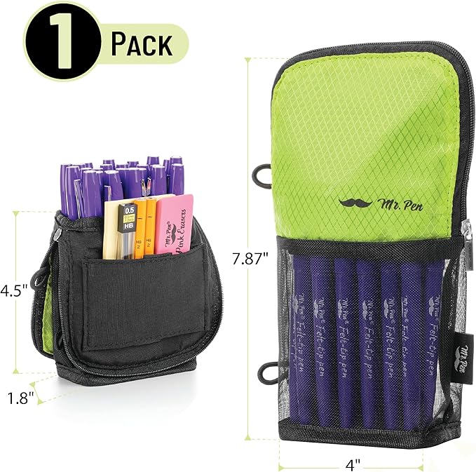 Mr. Pen- Standing Pencil Case Pouch, Sit & Lay Mesh-View Design, Black & Lawn Green, Interior Pocket & 2 Elastic Binder Loops, Cute Pencil Case for Girls and Boys