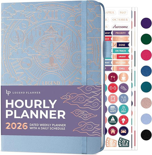 Legend Dated Hourly Weekly Planner 2026 – Daily, Monthly & Yearly Agenda with Time Slots – Hardcover Organizer Journal, 5.8x8.3” (Periwinkle)