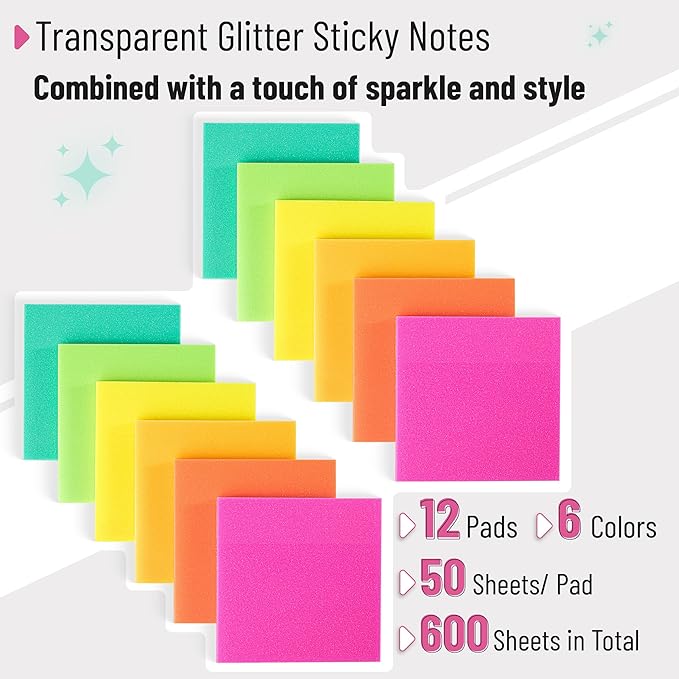Mr. Pen- Transparent Glitter Sticky Notes, 3”x3”, 12 Pads, 600 Sheets, Glitter Transparent Note Pads, Self-Stick Bible Journaling Sticky Note for Women, Stocky Notes for Bible Journaling