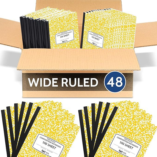 48 Pack - EPI Wide Ruled Marble Composition Notebook - Yellow 200 Page Note Book - 9.75 x 7.5 Inch Hardcover Journal with Sewn Binding for Secure Pages - Classroom Back to School Supplies