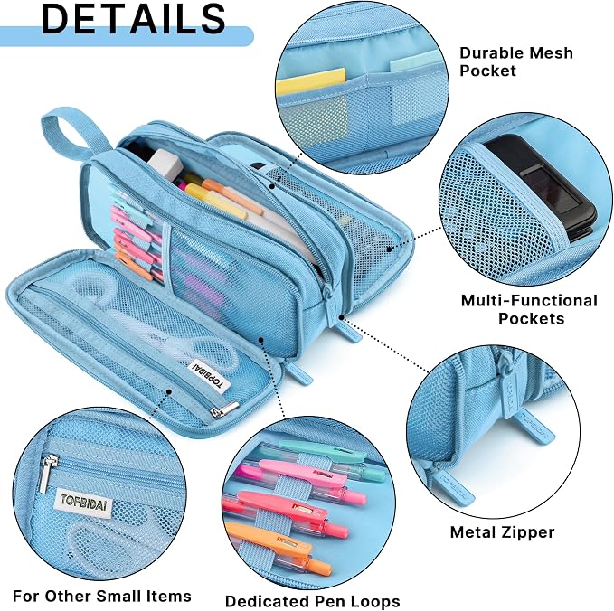TOPBIDAI Large Pencil Case Pouch for Girls Boy Women Men Adults | Big Capacity Canvas Pencil Bag, Office School Supplies, Multi Compartment Zipper Stationery Pen Box (Sky Blue)