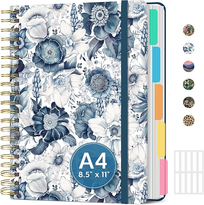 Large Spiral Notebook with Dividers & Tabs, 8.5" x 11" Hardcover 5 Subject Notebook for Work, 280 Pages, College Ruled, Cute Journal for Women, Perfect for Study & Office Note Taking, Blue Floral