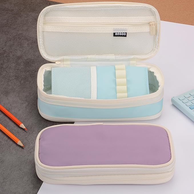 Large Capacity Big Special Cute Aesthetic Preppy Canvas Pencil Case Organizer Holder Pouch Bag with Zipper Compartments, Pen Cases for Women Girls School Adults (Sky Blue)