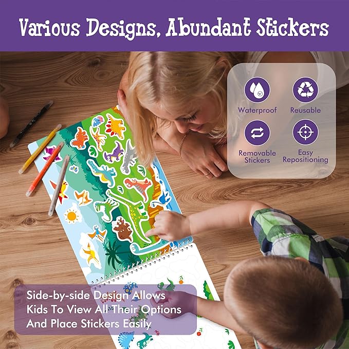 Sticker Activity Book, 640+ Reusable Stickers, 15 Dry-erase Scenes & 16 Fun Games, Side By Side Dinosaur-Themed Activity Book, Educational Hands-on Travel Game - Great for Toddlers, Kids, Boys & Girls