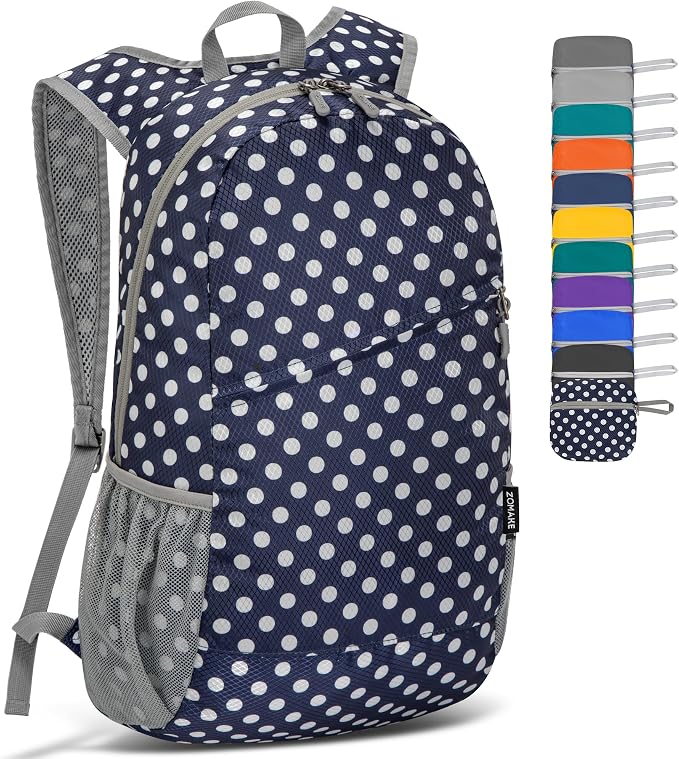 ZOMAKE Lightweight Packable Backpack 20L, Foldable Small Daypack for Hiking | Water Resistant Backpacks Day Bag for Travel Outdoor Camping Sport, Everyday Carry, Multiple Pockets(Blue, White Polka Dot)