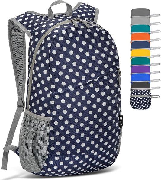 ZOMAKE Lightweight Packable Backpack 20L, Foldable Small Daypack for Hiking | Water Resistant Backpacks Day Bag for Travel Outdoor Camping Sport, Everyday Carry, Multiple Pockets(Blue, White Polka Dot)