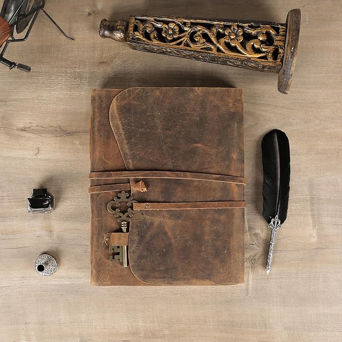 Leather Journal with Deckle Edge Paper 8x6 inch and Vintage Key | Handmade Writing Notebook Diary | Bound Daily Notepad for Men & Women Medium, Sketch/Writing pad for Artists