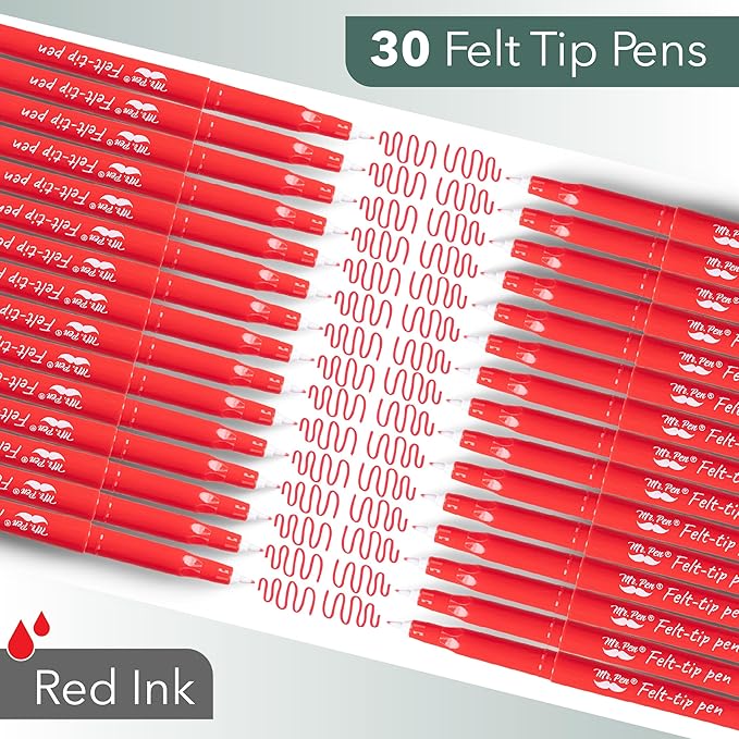 Mr. Pen- Felt Tip Pens, 30 Pack, 0.7 mm, Red Felt Tip Pens Bulk, Fast Dry, No Smear, Planner Markers for Underlining, Writing, Drawing, Journaling Supplies