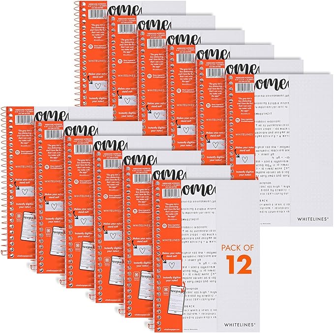 Whitelines Spiral Wire Bound Dot Grid Ruled Journal Notebook, Premium 20# Gray Paper, 8.25" x 5.75" 70 Sheets, Makes Your Notes Stand Out & Links Them To The Digital World, Made in USA (Pack of 12)