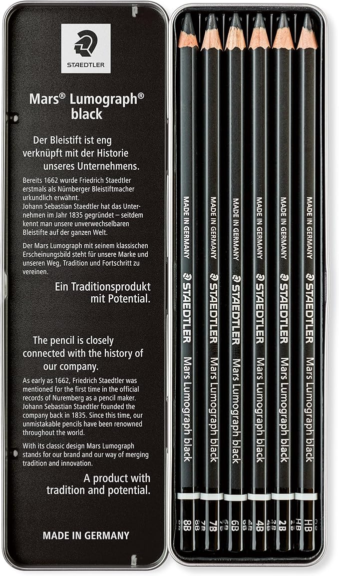STAEDTLER Mars Lumograph Black Drawing Pencils Set: 6 Pack – Carbon Blend for Deep Black Tones, Professional Artists Pencils, 8B–HB Grades, Storage Tin, For Sketching, Shading & Fine Art Drawing