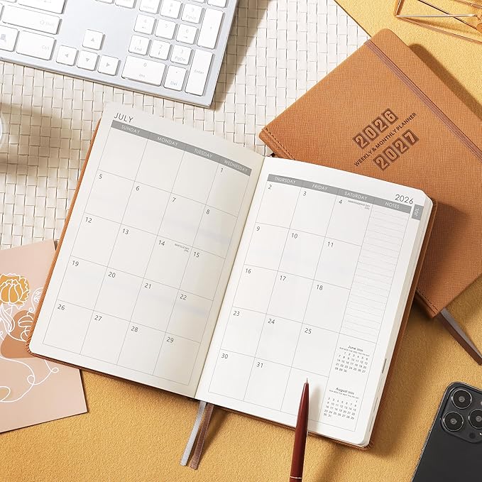 2026-2027 Planner - Academic Planner 2026-2027 Weekly & Monthly, July 2026 - June 2027, 5.75" x 8.25", Saffiano Leather with Thick Paper, Back Pocket with Notes Pages - Brown