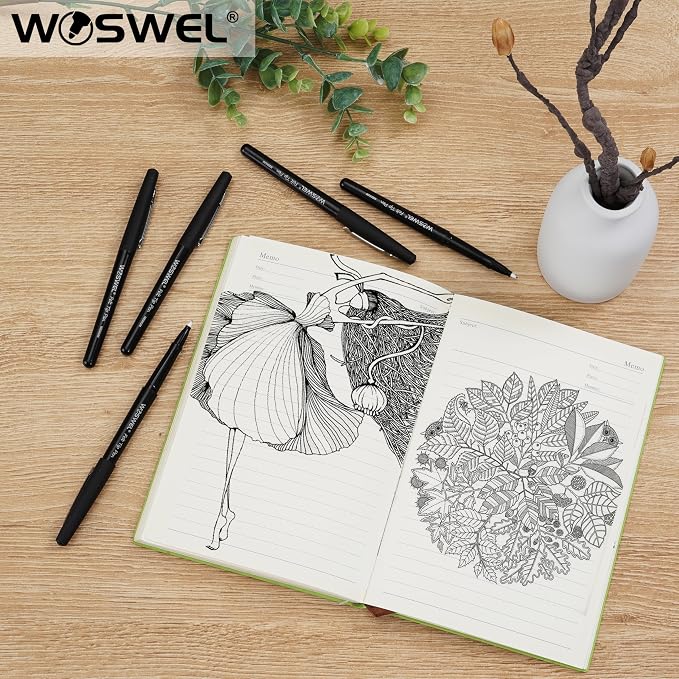 WOSWEL Black Felt Tip Pens, 32 Black 0.7mm Medium Point Felt Tip Markers Pen for Journaling, Note Taking, Planner, Writing,Drawing.Perfect for Art Office and School Supplies