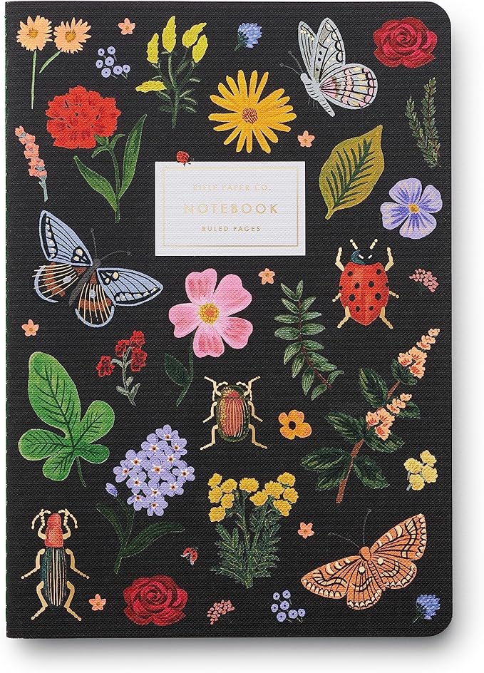 RIFLE PAPER CO. Curio Stitched Notebook Set, Assorted Set of 3 Colorful Notebooks, 64 Ruled Pages with Gold Ink, Full Color Canvas Cover with White Text Paper Interior (6" W × 8.5" L)