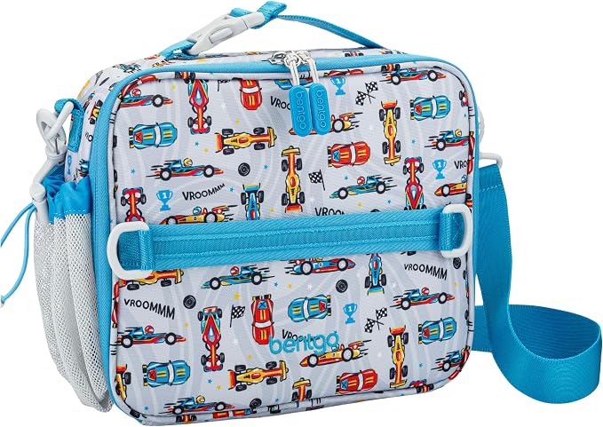 Bentgo Kids Prints Double-Insulated Reusable Lunch Bag | For Kids 3+, Adjustable Strap; Holds Lunch Box/Water Bottle/Snacks; Easy-Clean, Water-Resistant, Pockets (NEW Race Cars)