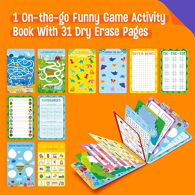 SpriteGru 31 Dry Erase Activities Book, Reusable & Erasable Game Pad, Explore and Find, Maze Matching TIC-TAC-Toe Dot to Dot Educational On The Go Toy and Learning Tool for Road Trip Airplane Travel