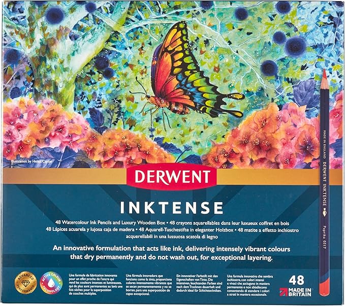 Derwent Inktense Pencils 48 Wooden Box, Set of 48, Premium 4mm Round Core, Firm, Watersoluble, Ideal for Watercolor, Drawing, Coloring and Painting on Paper and Fabric, Professional Quality (2300151)