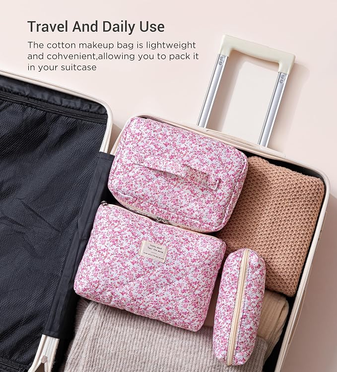 HBselect Quilted Makeup Bag, 3Pcs Cotton Large Travel Makeup Bags Organizer | Cute Floral Make up Bag Cosmetic Bag Toiletry Bag for Women Girls, Makeup Pouch for Skincare, Brushes & Travel Essentials