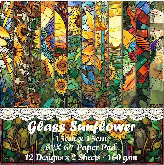 Scrapbook Paper,24 Sheets 6"x 6" Vintage Scrapbook Supplies,Single-Sided Pattern Decorative Cardstock Paper for Junk Journal,Card Making,DIY Album, Art Journaling,Decoupage Craft,Glass Sunflower
