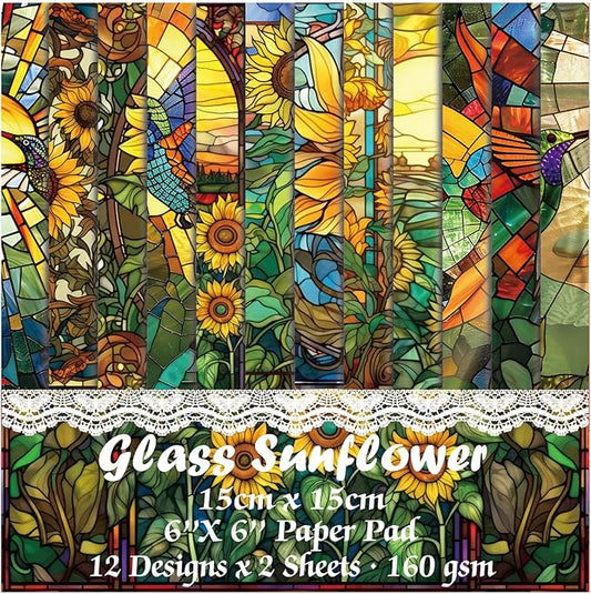 Scrapbook Paper,24 Sheets 6"x 6" Vintage Scrapbook Supplies,Single-Sided Pattern Decorative Cardstock Paper for Junk Journal,Card Making,DIY Album, Art Journaling,Decoupage Craft,Glass Sunflower
