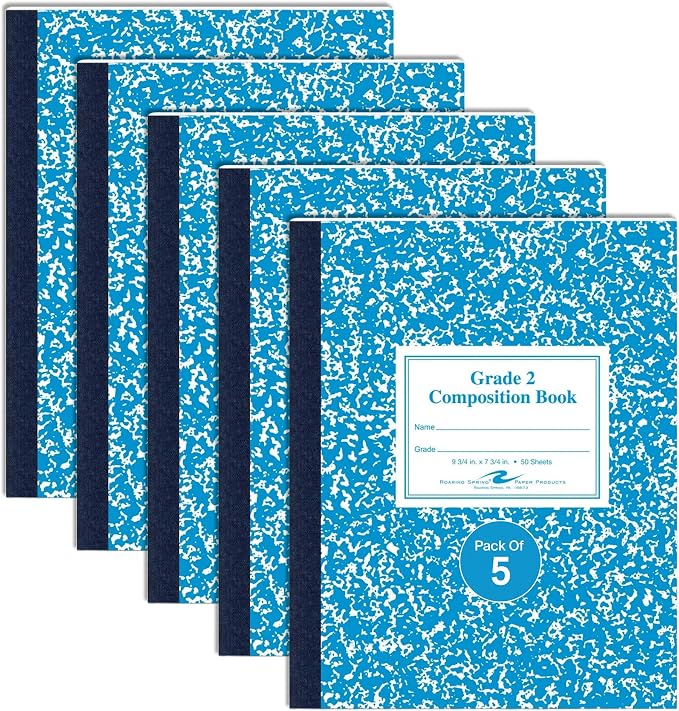 Roaring Spring Composition Notebooks, 5-Pack, Grade 2 Ruled, 50 Sheets 15# White Paper, 9.75"x7.75", Designed for Grade 2 Classes, Practicing Writing & Penmanship, Blue Marble Flexible Cover