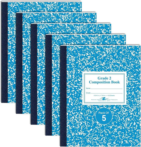 Roaring Spring Composition Notebooks, 5-Pack, Grade 2 Ruled, 50 Sheets 15# White Paper, 9.75"x7.75", Designed for Grade 2 Classes, Practicing Writing & Penmanship, Blue Marble Flexible Cover