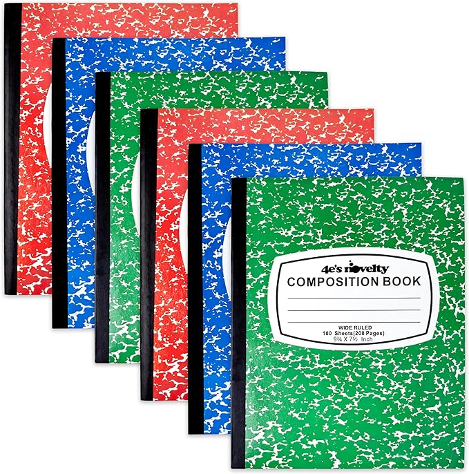 4E's Novelty Wide Ruled Composition Notebooks - Pack of 6- Hard Cover 100 Sheets 9.75" x 7.5" - Red Blue Green Cute Marble Colors, Bulk Compositon Book Wide Ruling, Back to School Supplies