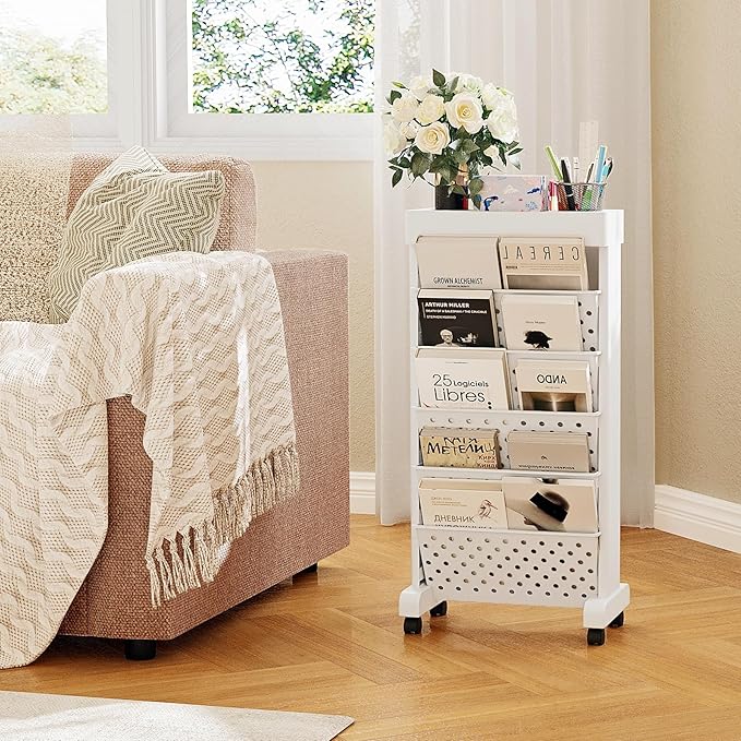 6-Tier Mobile Bookshelf, Rolling Bookcase Book Storage Rack, Movable File Folder Organizer Cart with Wheels for Home Study Office Living Room Classroom, White