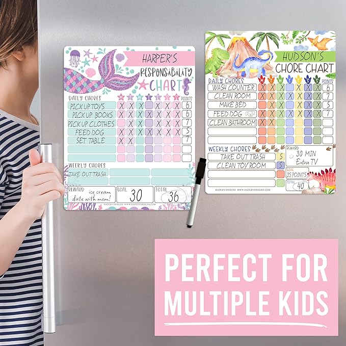 Hadley Designs Magnetic Chore Chart for Kids – Reward Chart for Kids, Dry Erase Responsibility Board for Children at Home, Fridge Behavior Tracker for Daily & Weekly Tasks, Mermaid Toddler Chore Board