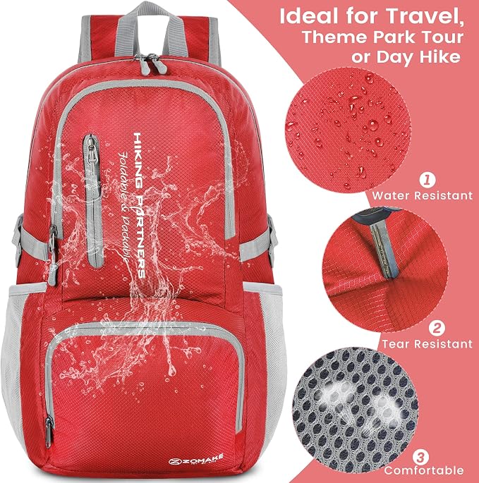 ZOMAKE Lightweight Packable Backpack, Water Resistant Foldable Daypack 35L | Light Hiking Backpacks Collapsible Day Pack for Travel, Everyday Carry, Multi Compartment Storage, Adjustable Strap (Red)