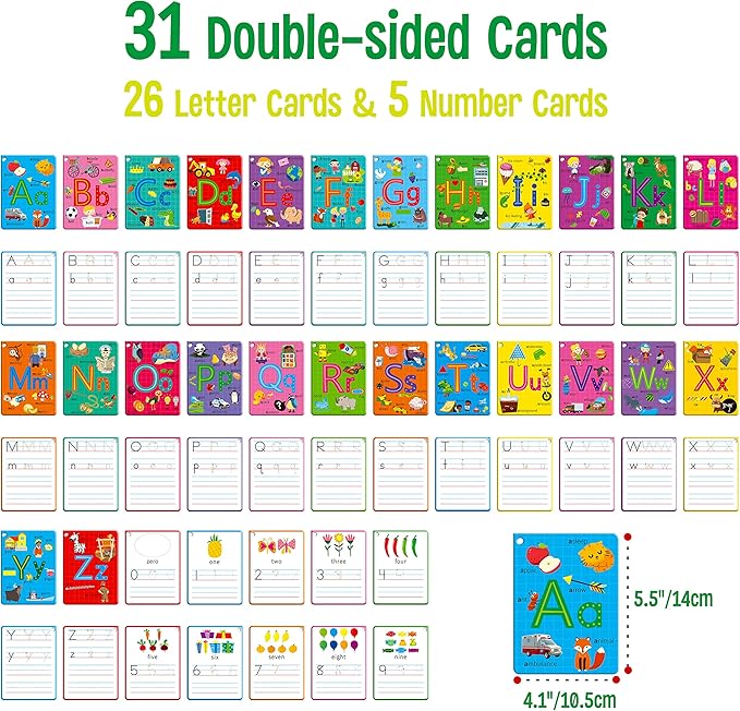 31 PCS Alphabet Flash Cards, Double-Sided Printing Dry Erase Letters Sight Words and Number Learning Cards Letter Tracing Practice Cards for Preschool, Kindergarten (2 Reclosable Rings & 2 Markers)