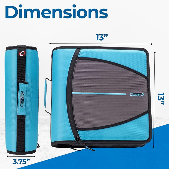 Case-it Mighty Zip Tab School Zipper Binder | 3-Inch O-Rings, 600-Sheet Capacity, 5-Subject Expanding File Folder, Multiple Pockets & Storage Organizer, Shoulder Strap | D-146 Teal
