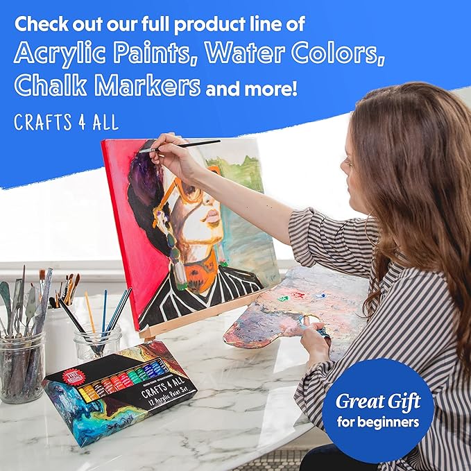 Crafts 4 All Acrylic Paint Set - Art Paints for Canvas, Model Painting, Wood, Ceramics and Fabric - Craft Supplies with 3 Artist Brushes for Adults & Kids﻿, 12 Pack, 12mL