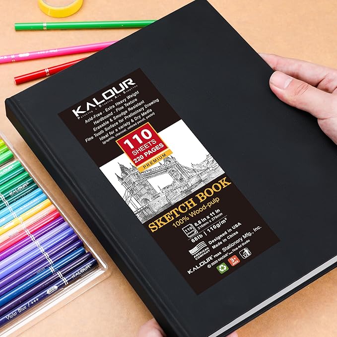 Kalour Hardcover Sketch Book,8.5“x11,Pack of 2, 220 Sheets (68lb/110gsm),Acid Free Art Sketchbook, Artistic Drawing Painting Writing Paper for Kids Adults Beginners Artists