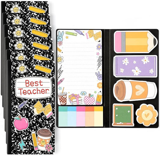 B1ykin Best Teacher Sticky Notes Set - Black Composition Line Teacher Self-Stick Notes Pad, 550 Sheets Writing Memo Pages Sticky Notepad for Teacher Appreciation Gifts, School Office Supplies (6Pcs)