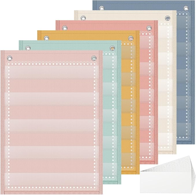 Gueevin 6 Set Magnetic Pocket Chart with 5 Clear Pockets and 30 Dry Erase Cards Painted Classroom Schedule Pocket Chart for Whiteboard Class Demonstrations(Macaron Color,Stripes Pattern)