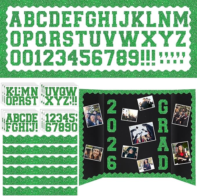 Green 175 Pcs Graduation Photo Display Board Sticker Glitter Border Trim Alphabet Letter Number for 2026 Grad Party Trifold Poster Photo Display Event Displays Bulletin Board