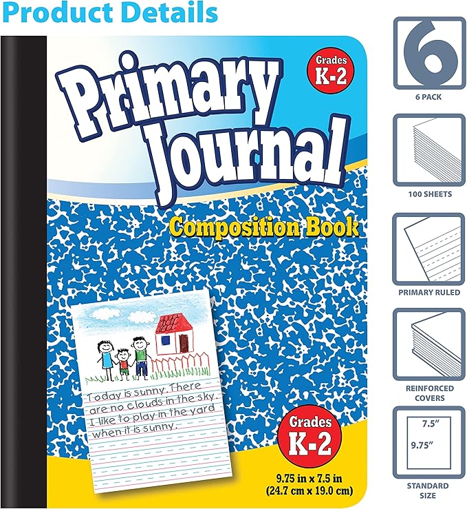Better Office Products Primary Journal, Hardcover, Primary Composition Book Notebook - Grades K-2, 100 Sheet, One Subject, 9.75" x 7.5", Blue Cover-6 Pack