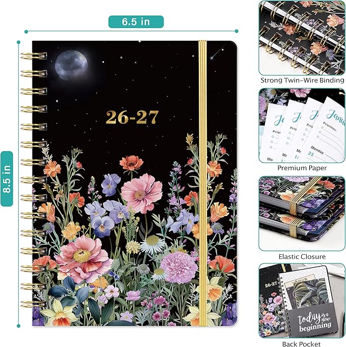 Planner 2026-2027 - Academic Planner 2026-2027, JULY 2026 - JUNE 2027, 6.3" x 8.4", Weekly and Monthly Planner with Color-Coated Tabs, Planners, College School Supplies for Student Teacher Home, Hardcover, Inner Pocket, Romantic Starry Garden Style