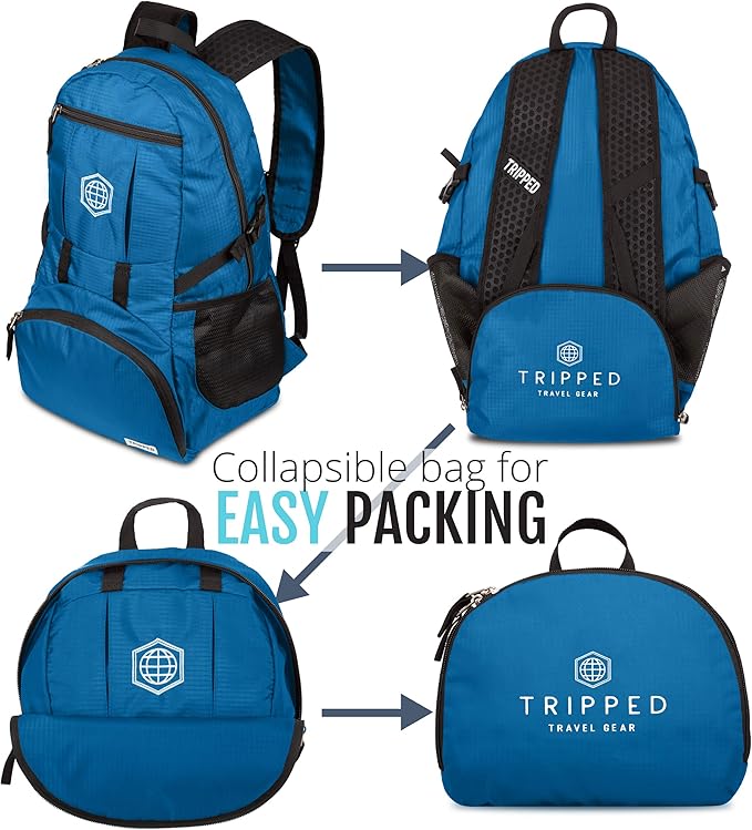 TRIPPED Travel Gear Traveling Backpack- Foldable Collapsible Lightweight Backpack for Travel (Light Blue) 35 liters
