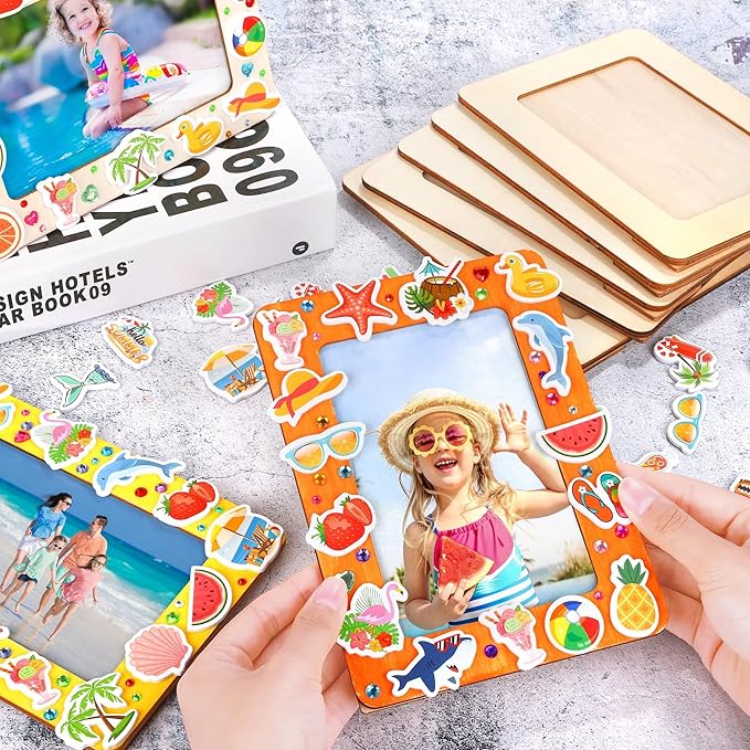 Fovths 6 Packs Summer Picture Frame Painting Craft Kit with 50 Stickers Rhinestone Stickers Painting Tools Set 2 Brushes for DIY Kids Crafts Decorate
