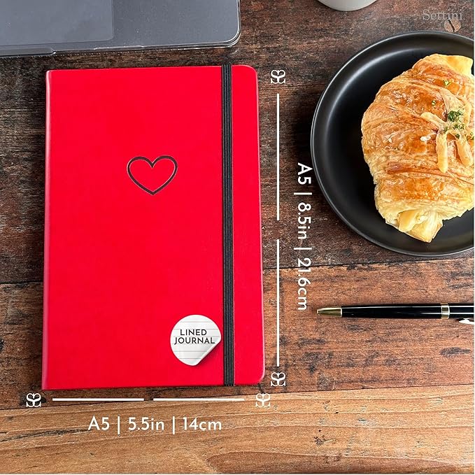 SETTINI Lined Journal, Ideal for Journaling - A5 Vegan Leather Notebook, 192 Archival-Quality Pages, QuillEase Bleed-Free Paper, Inner Pocket & Bookmark - Red Heart