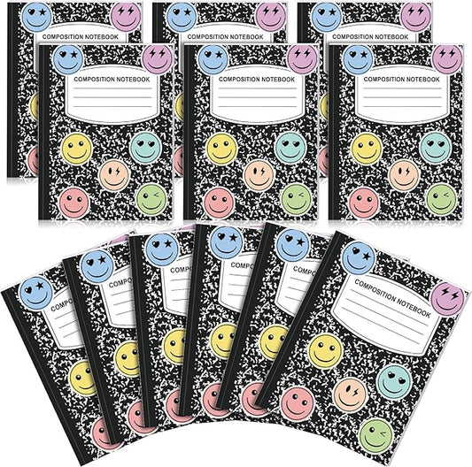 Eaasty Composition Notebook Wide Ruled Paper Assorted Marble Aesthetic Composition Notebook 100 Page 7.5" x 9.75" Journal Gift for Back to School First Day of School Students Teacher (6 Pcs,Smile)