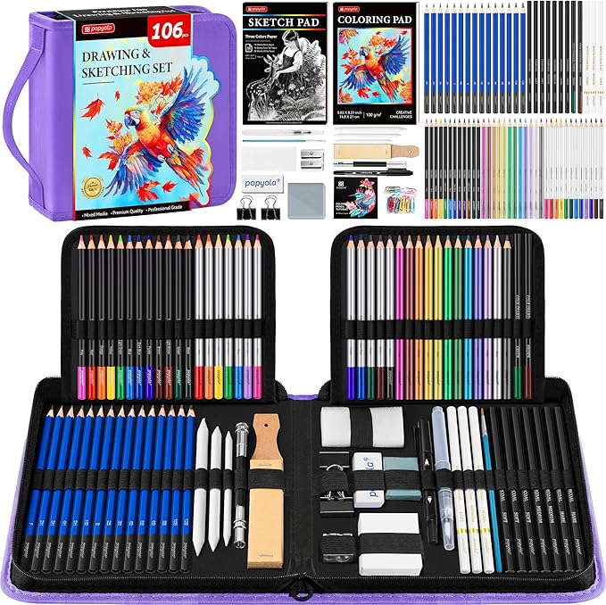 106 Pack Art Supplies Sketching Kit with 3-Color Sketchbook, Coloring Book, Tutorial, Graphite Colored Charcoal Watercolor & Metallic Pencils, Drawing Supplies Gift Case for Artists Beginners Adults
