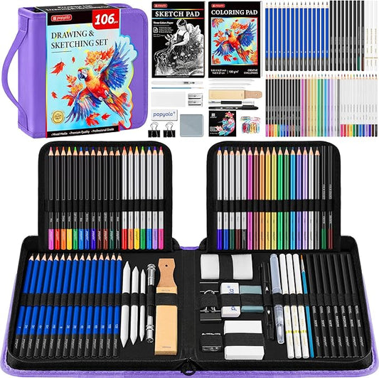 106 Pack Art Supplies Sketching Kit with 3-Color Sketchbook, Coloring Book, Tutorial, Graphite Colored Charcoal Watercolor & Metallic Pencils, Drawing Supplies Gift Case for Artists Beginners Adults