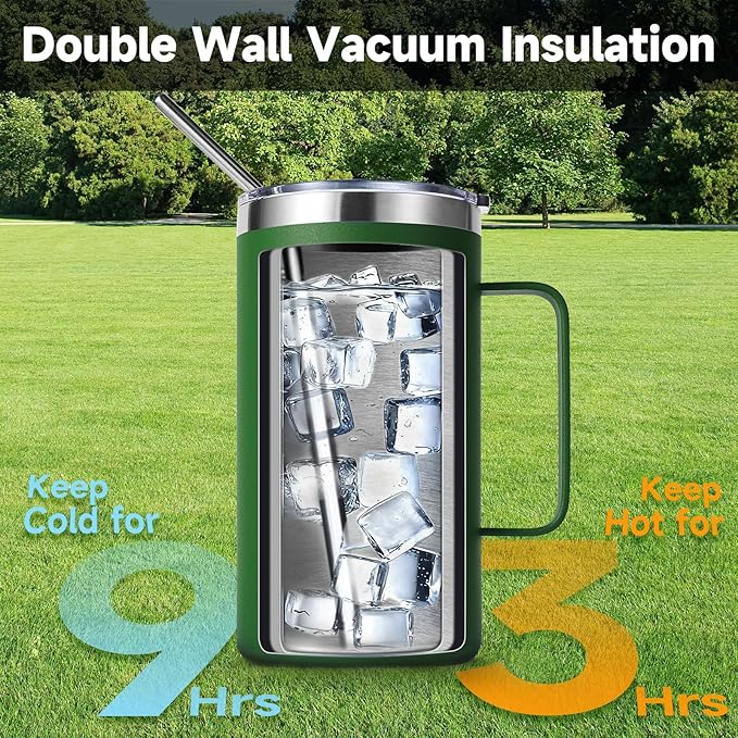 Volhoply 22oz Insulated Stainless Steel Coffee Mug with Leakproof Lid,Double Wall Vacuum Travel Coffee Cup with Handle,Reusable Metal Tumbler,Camping Mugs Keep Hot&Cold(Army Green,1)