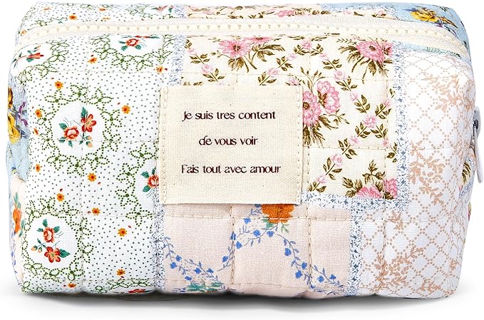 Sminra Floral Makeup Bag Pouch - Small Quilted Cosmetic Organizer for Travel Daily, Aesthetic Cottagecore Cotton Toiletry Pencil Purses with Zipper, Portable Gift for Women Girls (Blue Floral-S)